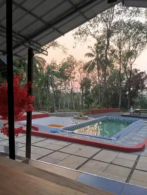 a pool in a yard with trees in the background at The Cool Cottage at gaya3farms in Palakkad