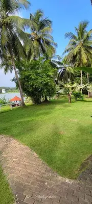 a park with palm trees and a brick path at BharathaPuzha Resort in Kārakkād