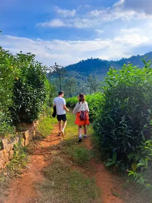 a man and a woman walking down a dirt road at Mad & Nomad Backpackers Hostel in Coonoor