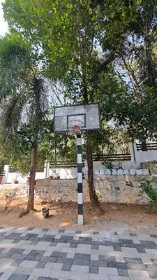 a basketball hoop in front of two trees at Havenza Homestayz in Athirappilly