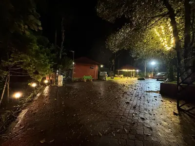 an empty street at night with lights on it at Manuvan Estate Stay in Kushālnagar