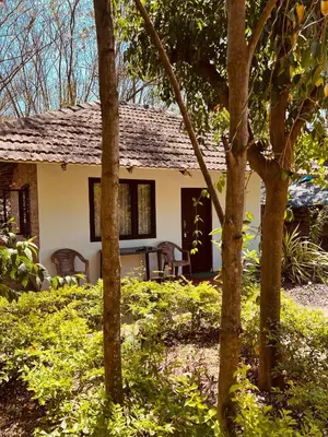 a house with a table and chairs in the woods at Tranquilandia in Varagampadi
