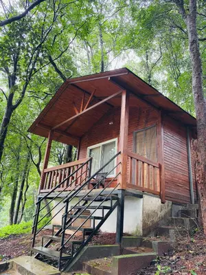 a small cabin in the woods with a deck at sireesha estate cottage stay in Madikeri