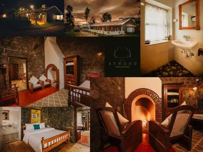 a collage of pictures of a hotel with a bed and a fireplace at Atwood Chalet in Coonoor