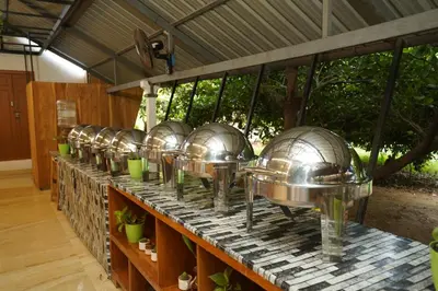 a row of silver domes on a counter with plants at Mango Village Resort in Kollengode