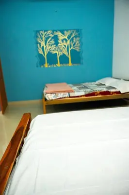 a bedroom with a bed and a blue wall at The Elephant watch in Viripara