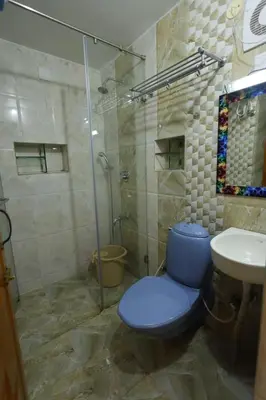 a bathroom with a blue toilet and a shower at Cozy Ooty Resort in Ooty