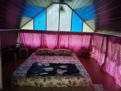 a bed in a room with pink curtains and a window at Hornbill Paradise, Munnar in Viripara