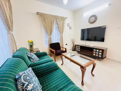 a living room with a green couch and a tv at Little Home By D2V in Ooty