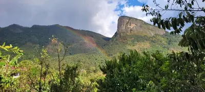 a rainbow over a mountain with trees in the foreground at Mud bees resort in Kanthalloor