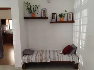 a bench in a room with two plants on a wall at Mellow Villa cochin airport in Angamali