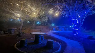 a park at night with a table and lights at Spirit of the Wild Mountain Retreat in Palakkad