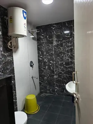 a bathroom with a shower and a sink and a toilet at Raviudaya-2bhk in Mysore