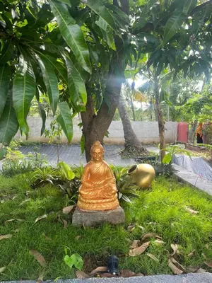 a statue of a buddha in front of a tree at Essaar Punnot Farmstay Resort in Kollengode