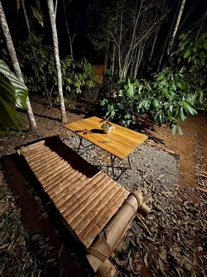a wooden table with a bird sitting on top of it at carpa lupa 1 waterfront bamboo cottage wayanad in Meenangadi