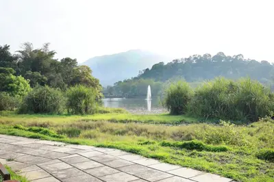 a view of a lake with a fountain in the distance at Angels Nest 3BR FF near Karlad Lake by Homeyhuts in Padinjarathara