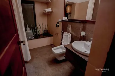 a bathroom with a white toilet and a sink at Misty Grove Resort, Gudalur in Devāla