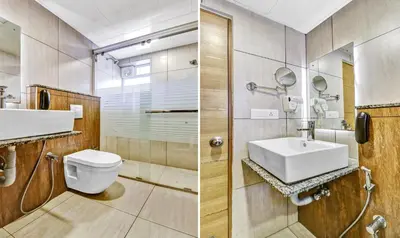 two images of a bathroom with a sink and a toilet at Medora Hotel by Rak Rooms in Kozhikode