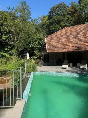 a swimming pool in front of a house at WyldWater Retreat in Vythiri