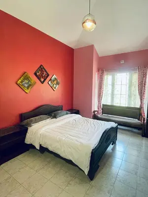 a bedroom with a large bed with red walls at Grays club guest House in Coonoor