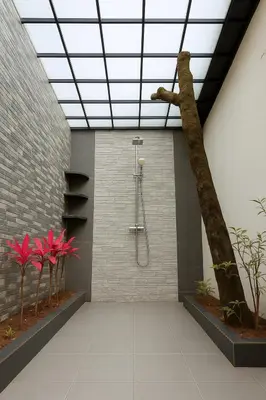 a bathroom with a shower and a palm tree at Secret Escape Heritage Bungalow in Ooty