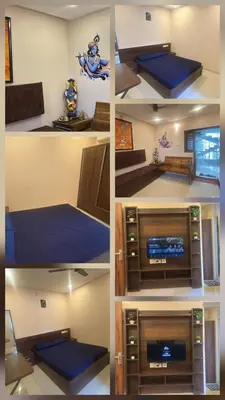 four pictures of a room with a bed and a tv at Kalpaka in Guruvāyūr