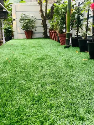 a yard with green grass and potted plants at Nandbhavan Guruvayur in Guruvāyūr