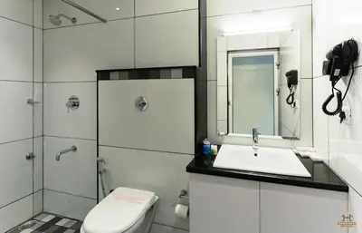 a bathroom with a sink and a toilet and a shower at Darshan Hotel in Ooty