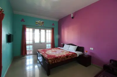 a bedroom with pink and green walls and a bed at RK Holiday Home in Ooty