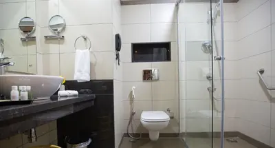 a bathroom with a shower and a toilet and a sink at Kiscol Grands Hotel in Coimbatore