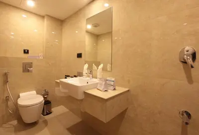a bathroom with a toilet and a sink and a mirror at Hotel Park Residency Calicut in Kozhikode