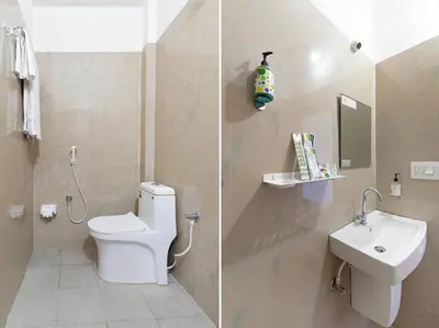 two pictures of a bathroom with a toilet and a sink at Itsy Hotels Jammabane Cottage, 5 Minutes To Mountain View Coffee Plantation in Madikeri