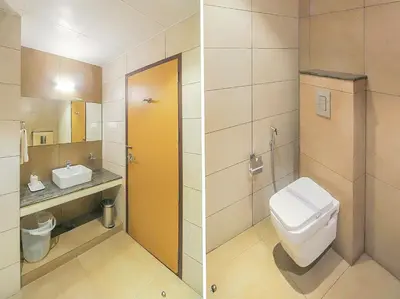 two pictures of a bathroom with a toilet and a sink at Samudra Mysore in Mysore