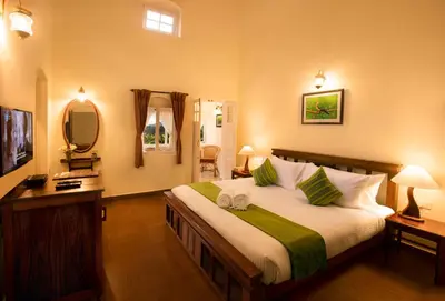 a bedroom with a large bed and a mirror at Teanest Nightingale by Nature Resorts and Stays in Kotagiri