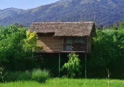 a small house with a roof in a field at KOOMANKOLLY RESORT in Thirunelli