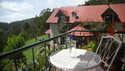 a table with a vase of flowers on a balcony at Stumpfields in Ooty