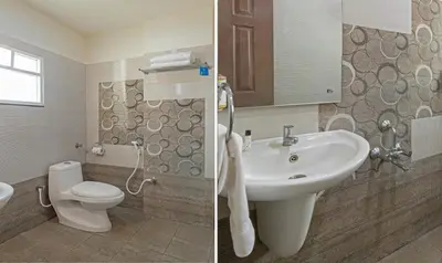 two pictures of a bathroom with a toilet and a sink at Treebo Sandpipers Kushalnagar in Kushālnagar