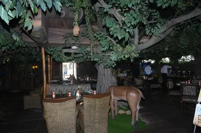 a deer standing in a restaurant with tables and chairs at Hotel Pai Vista in Mysore