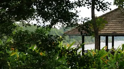 a gazebo in the middle of some trees at Whispering Waters in Malayāttūr