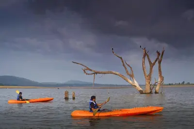 two people in kayaks on a lake with a tree at The Serai Kabini in Begūr