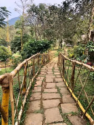 a stone path with a wooden fence on it at Abad Brookside Wayanad in Vythiri