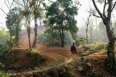 a man walking down a dirt road in a forest at Agraharam Resorts in Thirunelli