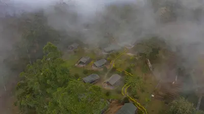 an aerial view of a forest in the fog at Nature Zone Jungle Resort- Experience the Wilderness & Adventure in Munnar