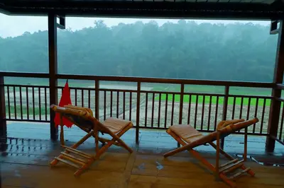 two chairs on a porch with a view of the water at Vayal Veedu in Muthanga