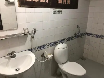 a bathroom with a toilet and a sink at Ayuryogashram Heritage in Trichūr