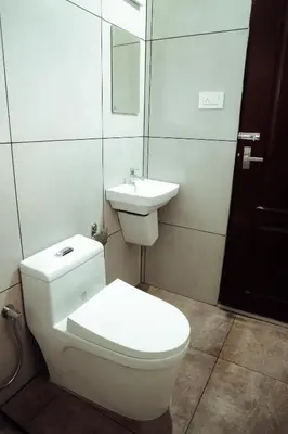 a bathroom with a white toilet and a sink at Back Packers Cochin Villa in Cochin