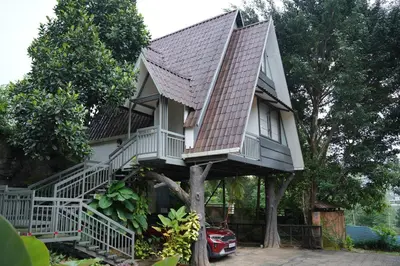 a tree house with a balcony on top of it at Olives The Boutique Resort in Kalpetta