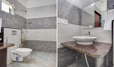 two pictures of a bathroom with a toilet and a sink at Itsy Hotels Vijaya Comforts, With Bar & Restaurant in Madikeri