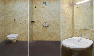 three pictures of a bathroom with a toilet and a sink at Itsy Hotels Jansi Residency in Coimbatore