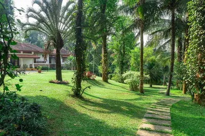 a garden with palm trees and a house at Crystal Homestay by StayVista - 4BR in Madikeri